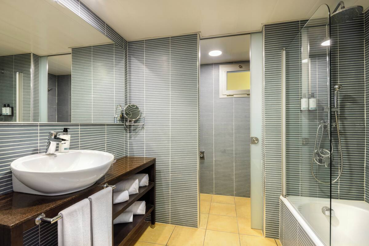 shower, rainfall showerhead, free toiletries, hair dryer