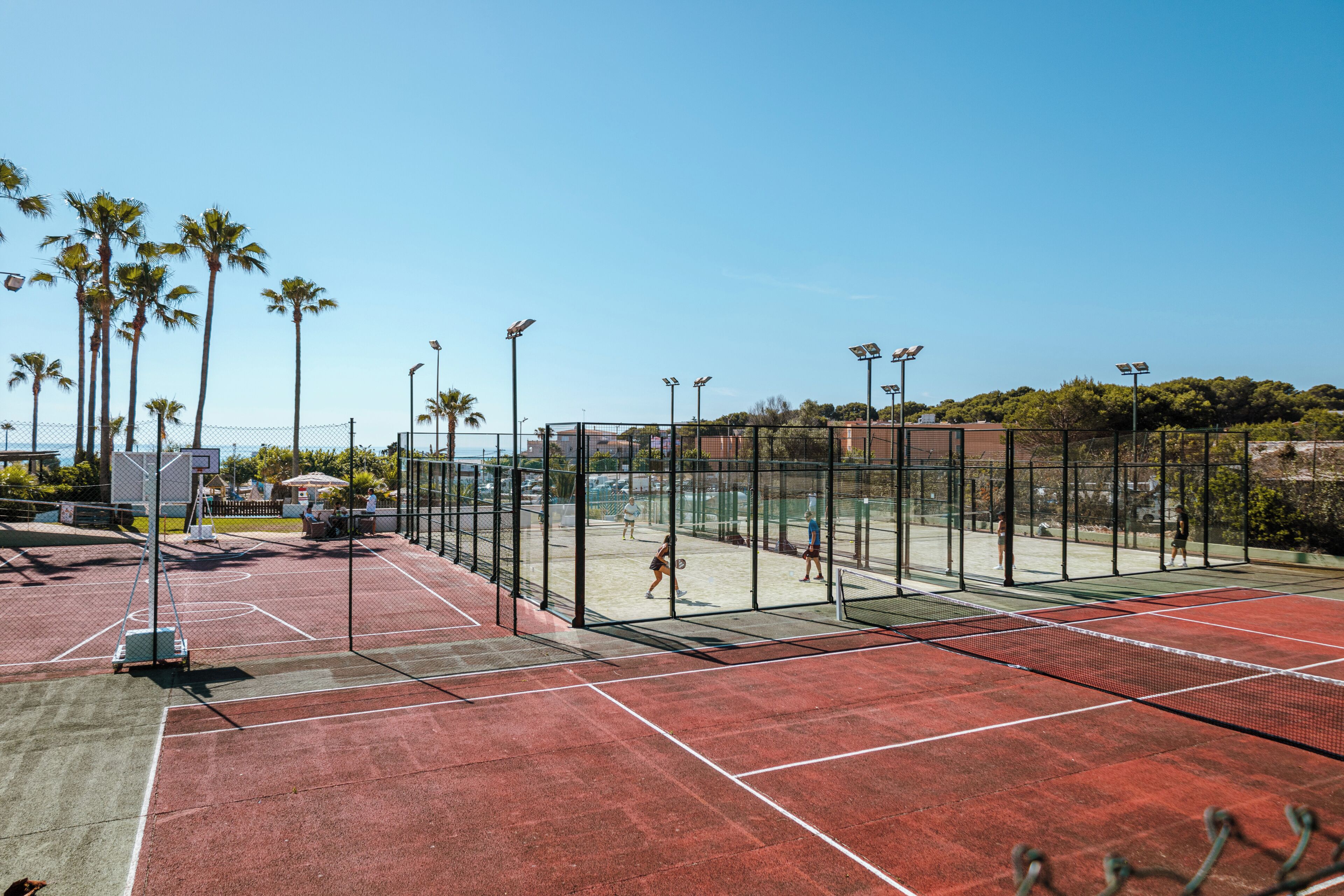 A tennis court with a net, surrounded by a fence, and palm trees in the background.