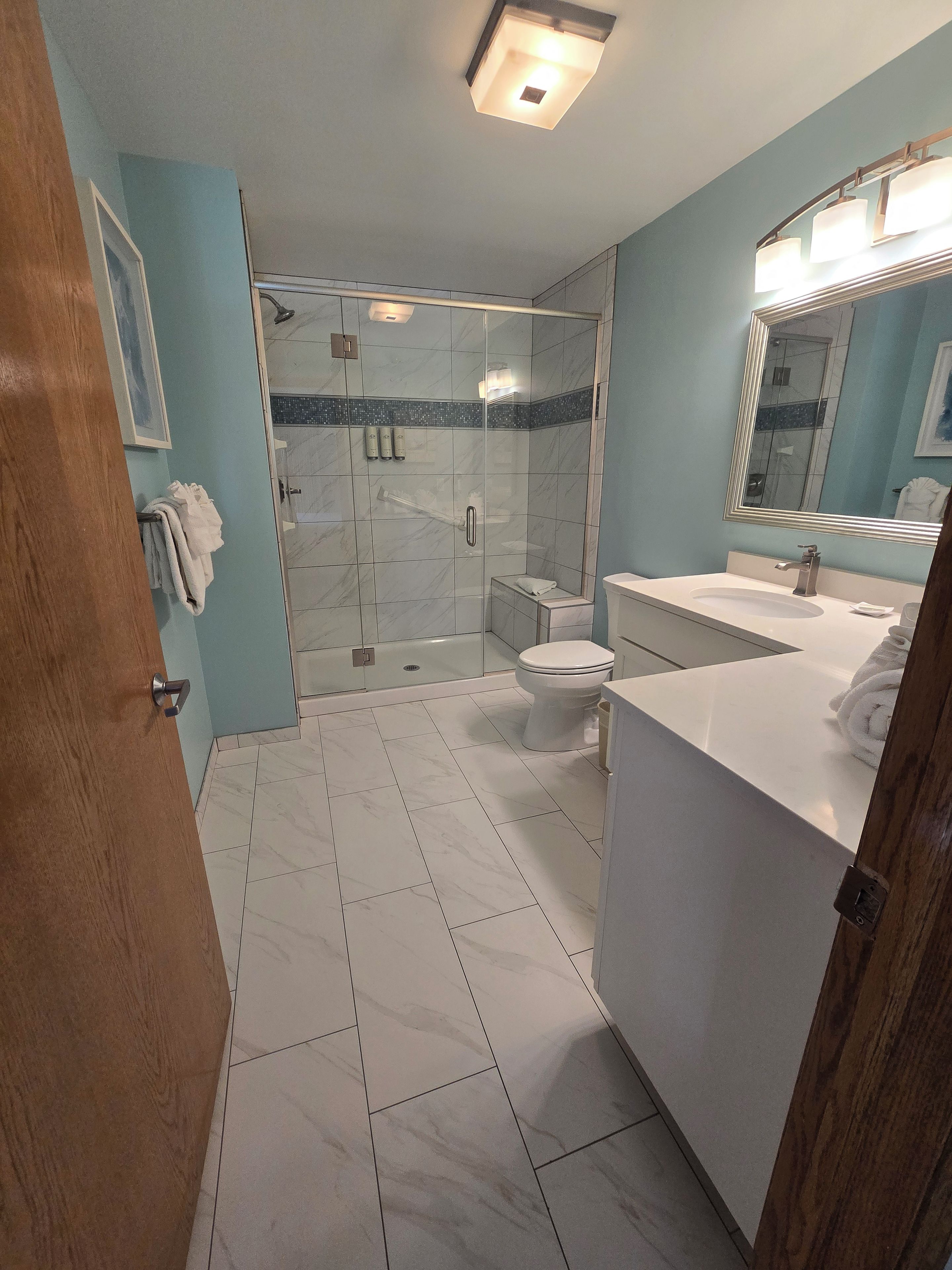 A bathroom with a glass-enclosed shower, a toilet, and a sink with a mirror above it.