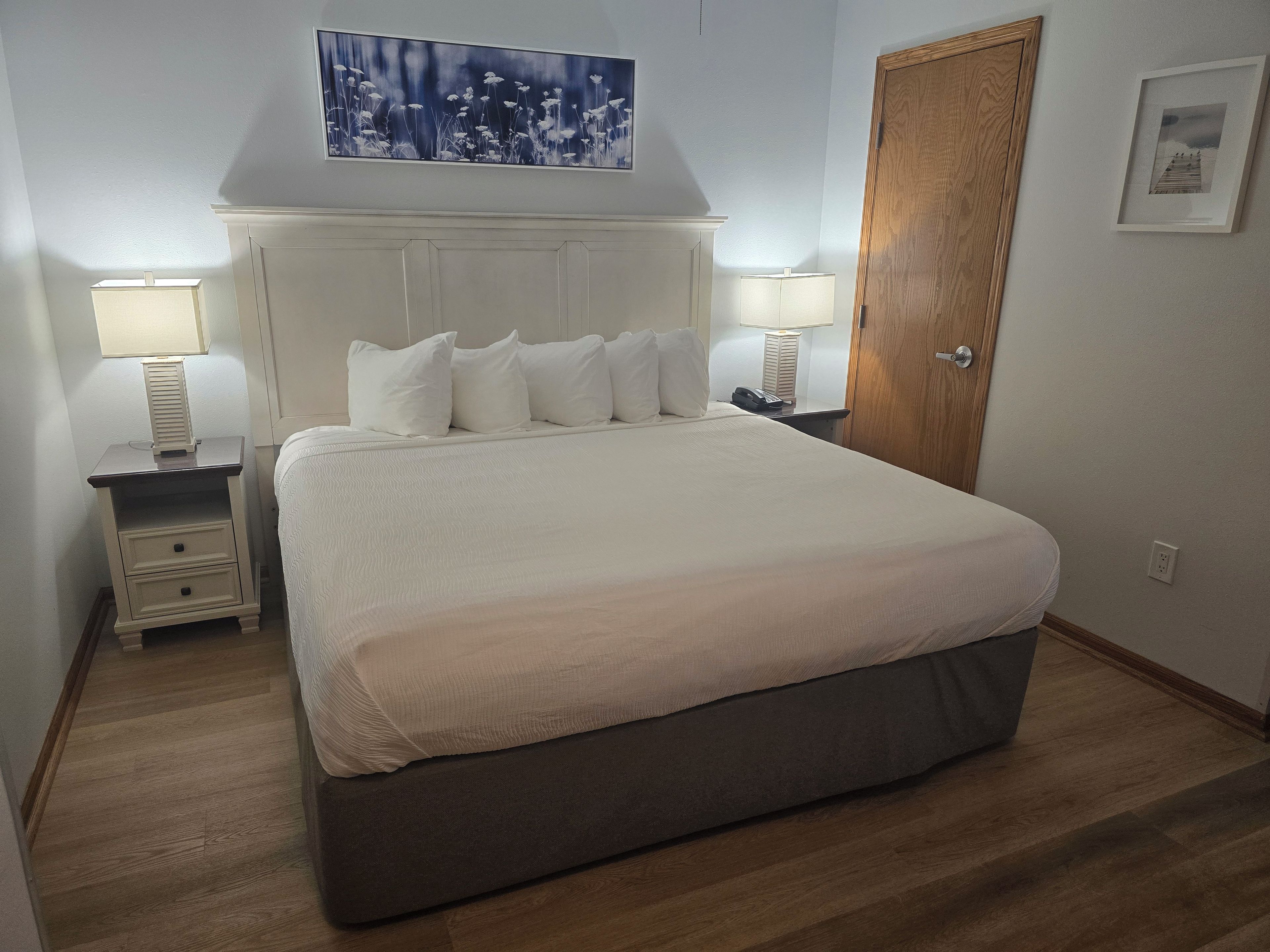 Een net opgemaakt bed met een wit hoofdbord, twee nachtkastjes met lampen, een houten deur en een ingelijst schilderij aan de muur.