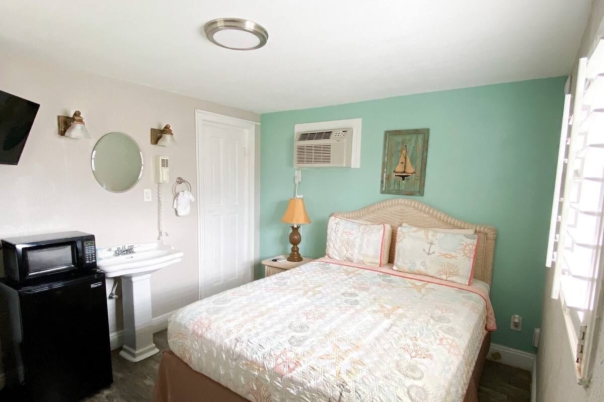 Un dormitorio con cama, lavamanos, espejo, calefacción y televisor.