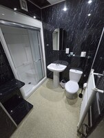 A modern bathroom with a glass-enclosed shower, a white sink, and a toilet.