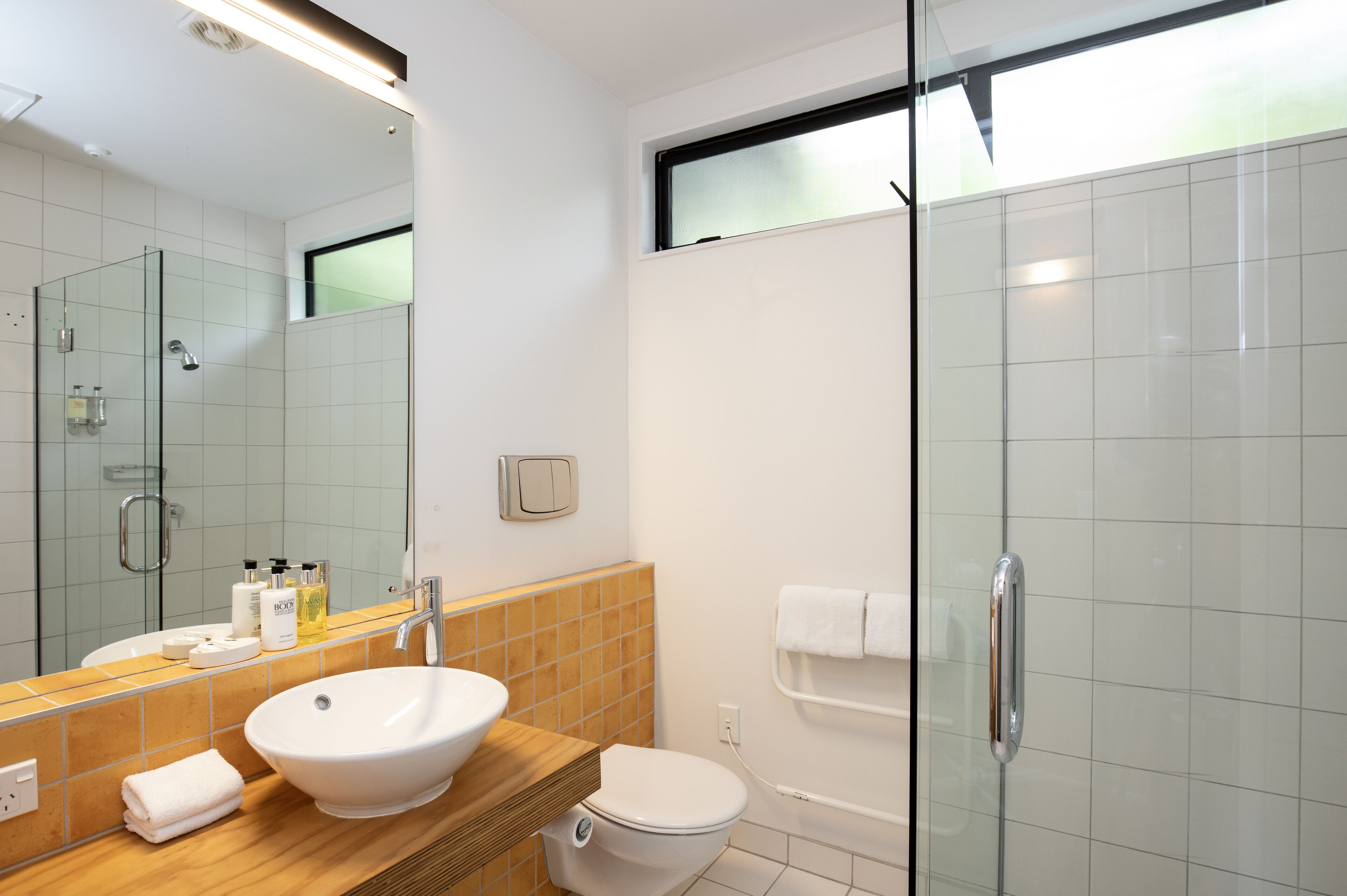 shower, free toiletries, hair dryer, towels