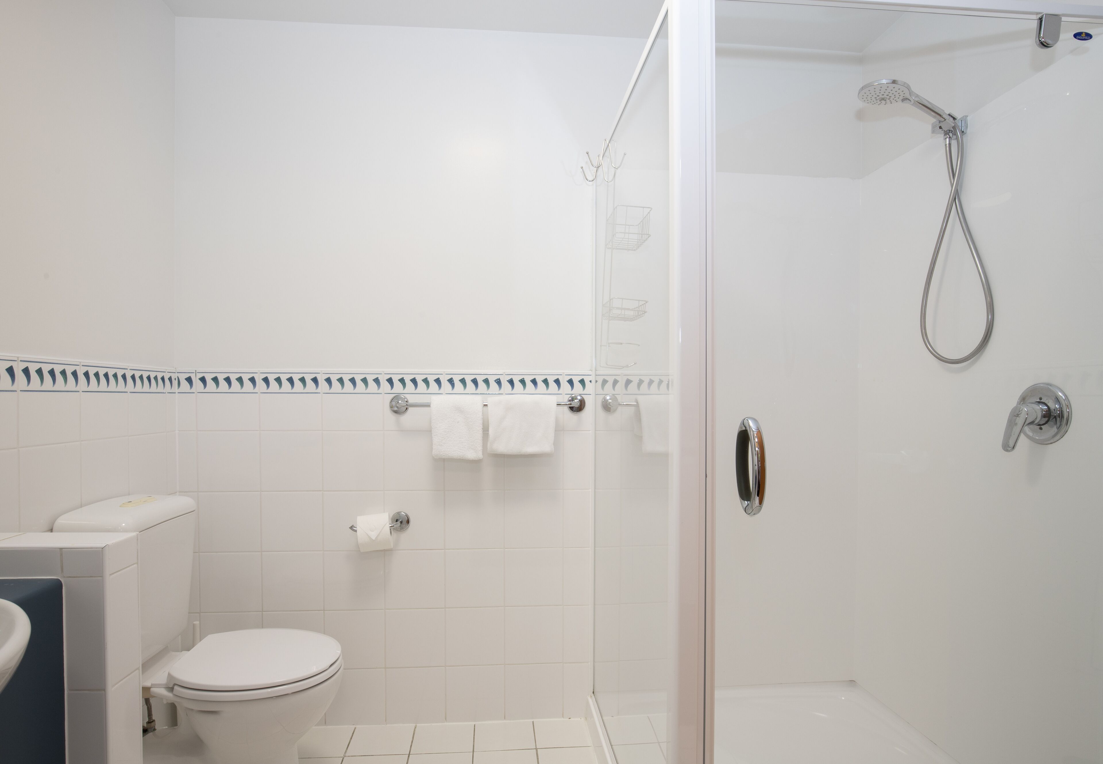 Un baño moderno con inodoro, ducha y toallero.