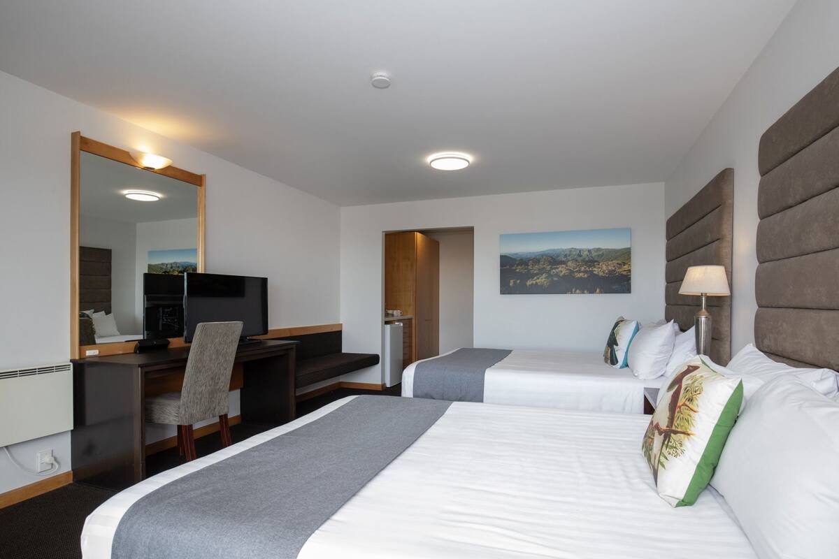 Ein Hotelzimmer mit zwei Betten, einem Schreibtisch mit Fernseher, einem Spiegel und einem Bild an der Wand.