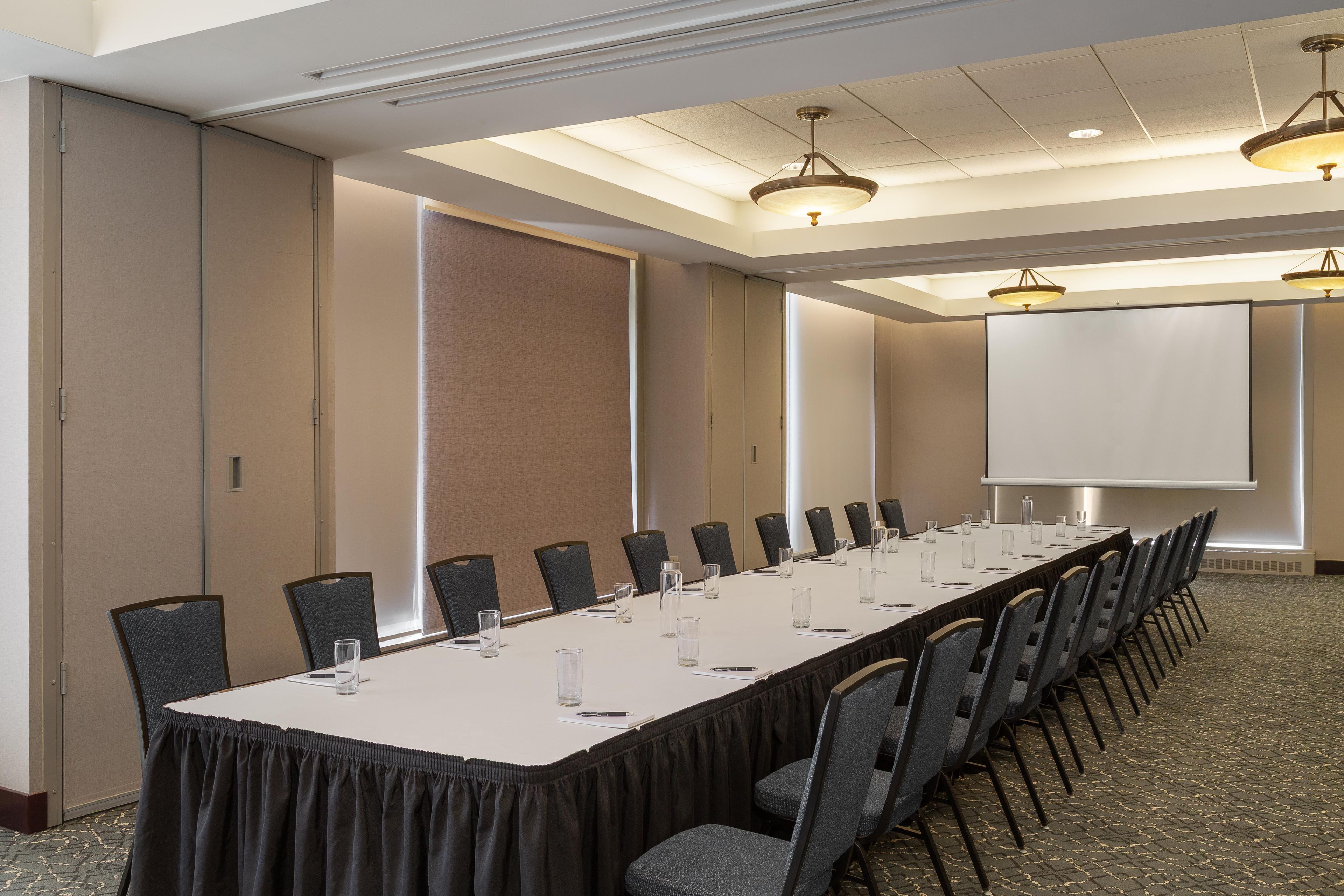 Une salle de conférence avec une longue table, des chaises, un écran de projection et des luminaires au plafond.