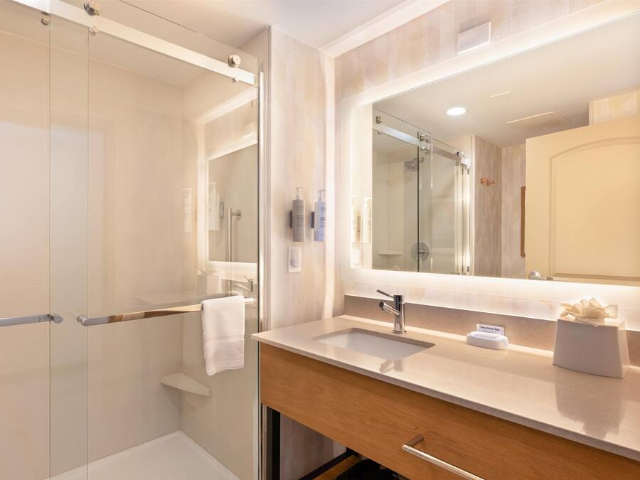 A modern bathroom with a glass shower enclosure, a vanity with a sink, and a large mirror.