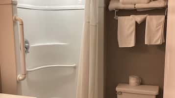 A bathroom with a walk-in shower, a toilet, and a sink.