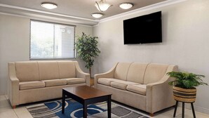 Un salon avec deux canapés beige, une table basse en bois, un tapis à motifs bleus, une plante en pot et un téléviseur à écran plat fixé au mur.