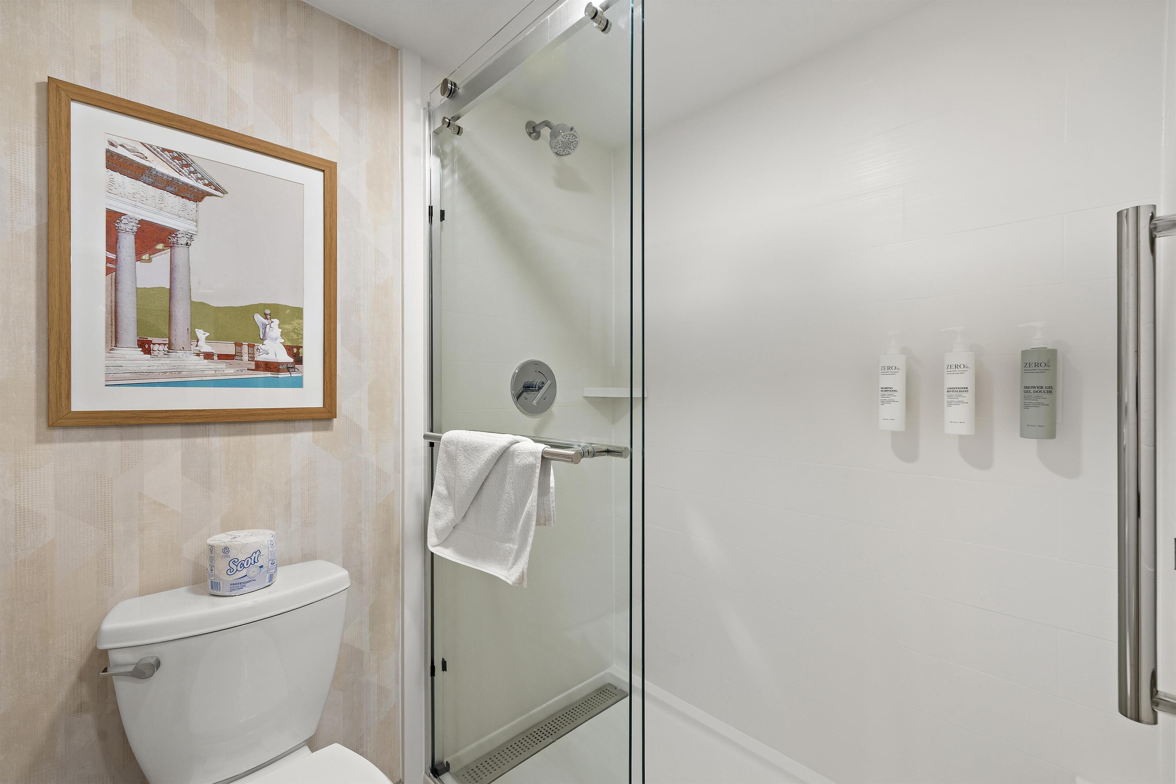 A bathroom with a glass shower enclosure, a toilet, a framed picture on the wall, and toiletries on the wall.