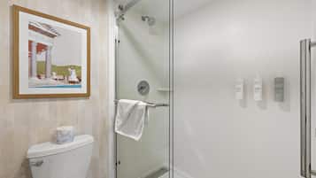 A bathroom with a glass shower enclosure, a toilet, a framed picture on the wall, and toiletries on the wall.