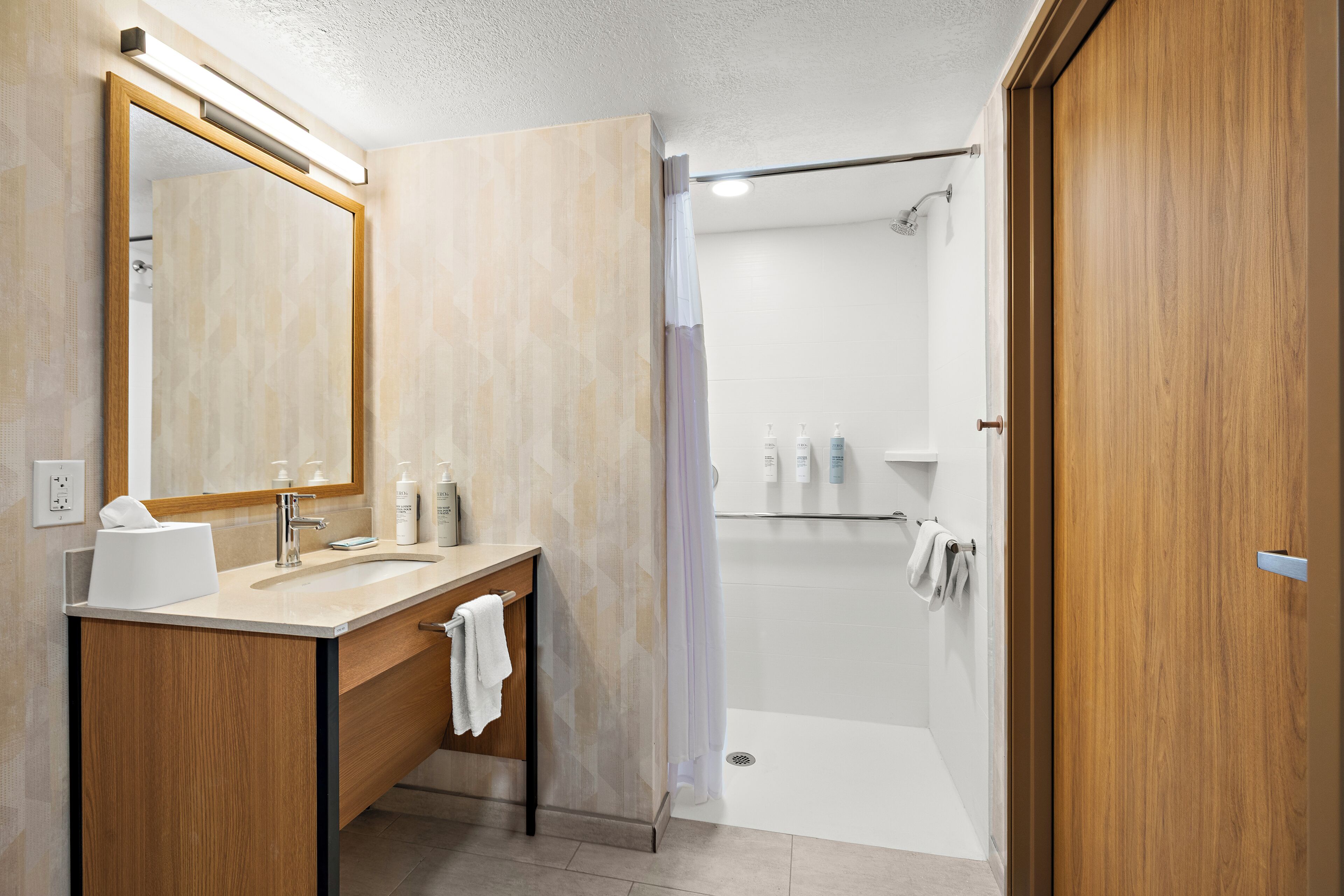 Shower, hair dryer, soap, shampoo