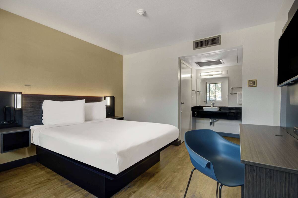 Une chambre d’hôtel moderne avec un grand lit, un bureau, une chaise bleue et une salle de bain visible à travers une porte ouverte.
