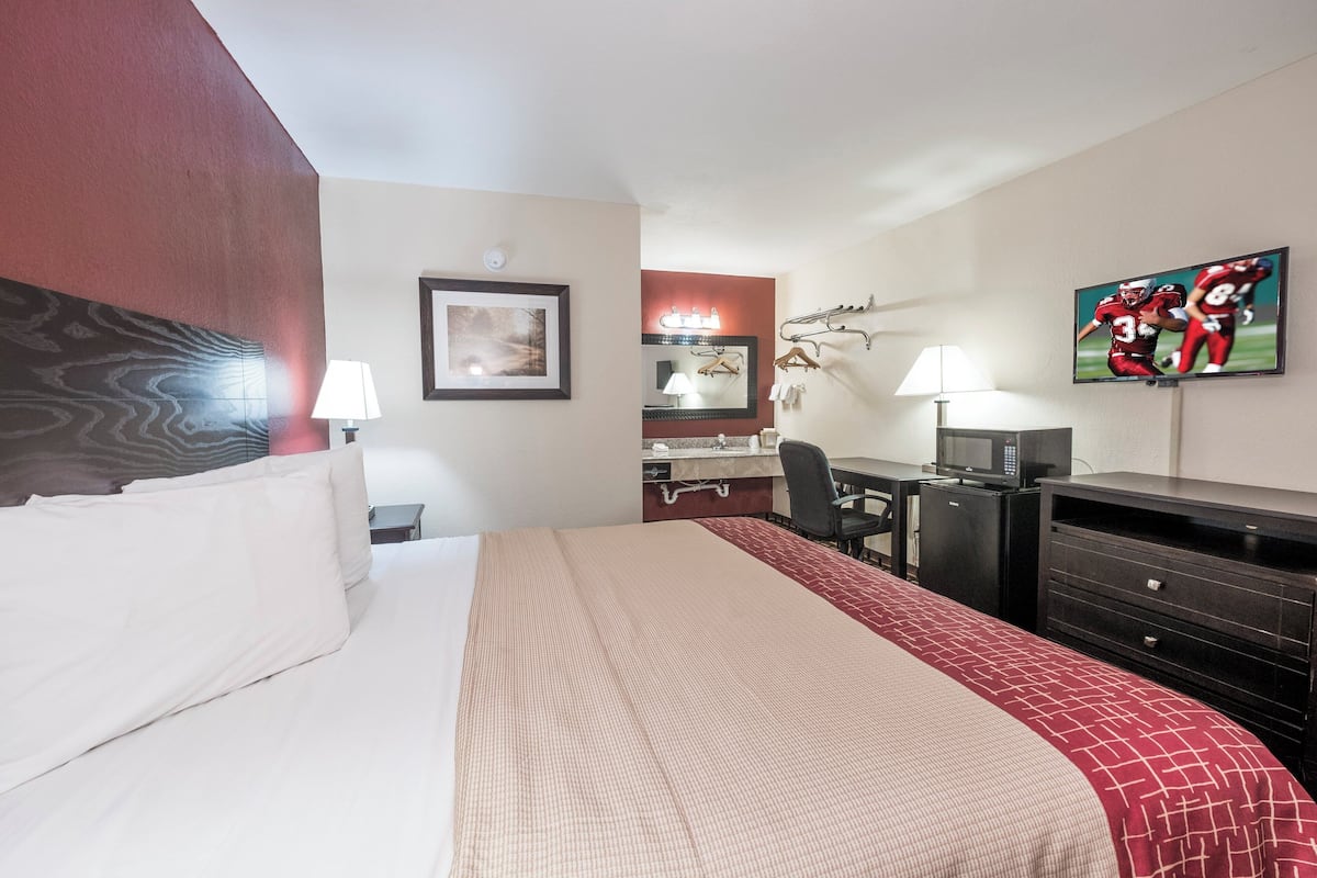 Une chambre d’hôtel équipée d’un lit, d’un bureau, d’une chaise, d’une télévision et d’un miroir.