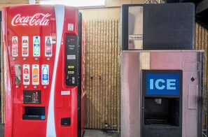 A Coca-Cola vending machine and an Ice-O-Matic ice dispenser.