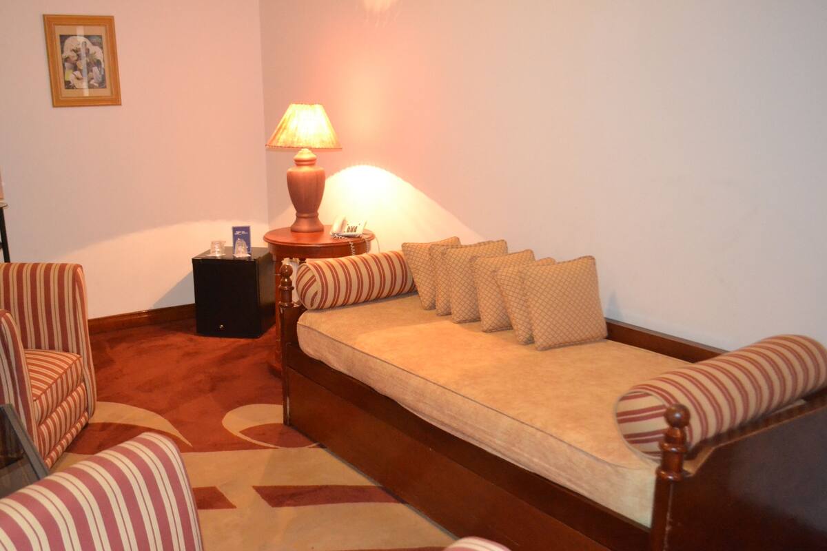 Ein gemütliches Wohnzimmer mit einer Couch, gestreiften Sesseln, einem gemusterten Teppich, einer Lampe und einem gerahmten Bild an der Wand.
