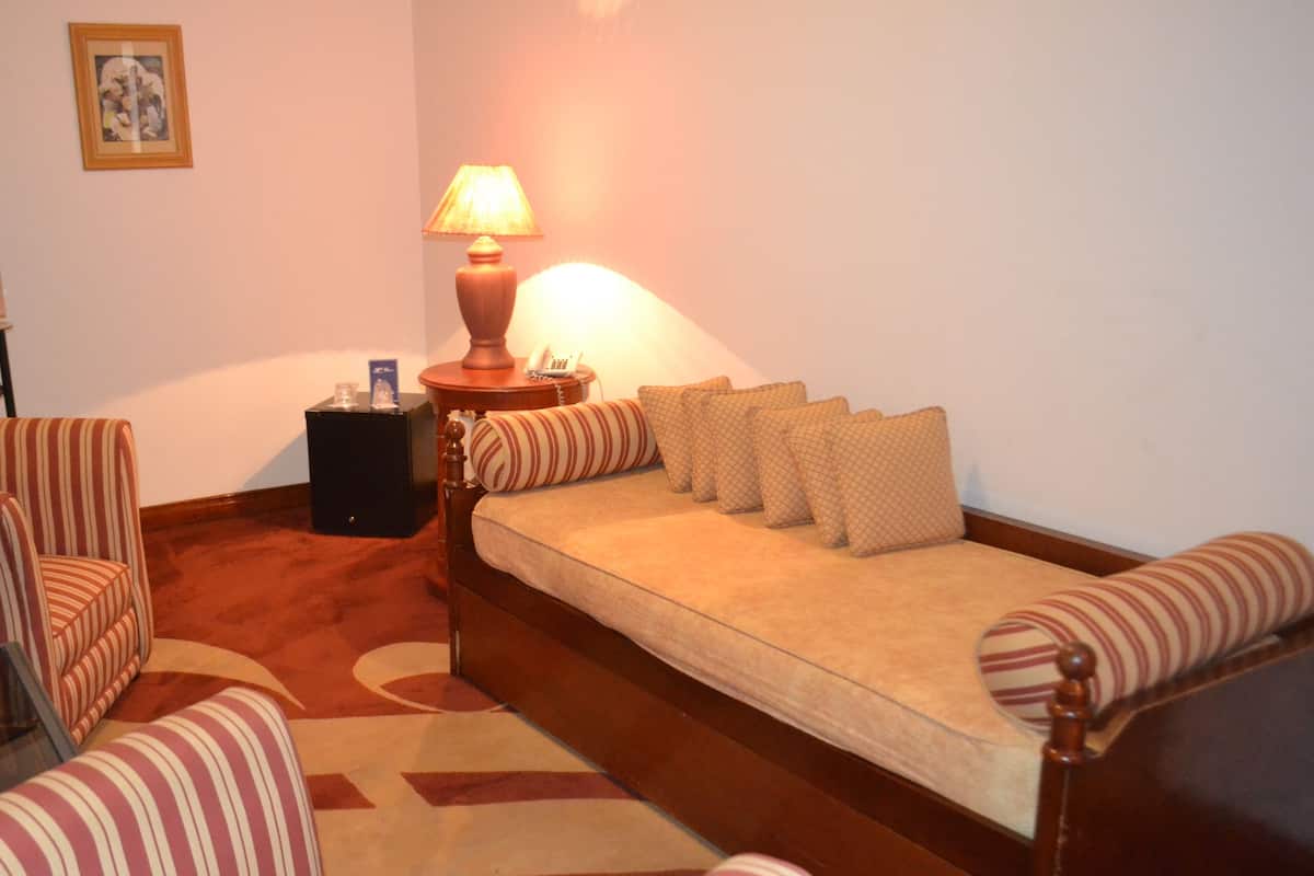 Una sala de estar acogedora con un sofá, sillones a rayas, una alfombra estampada, una lámpara y un cuadro en la pared.