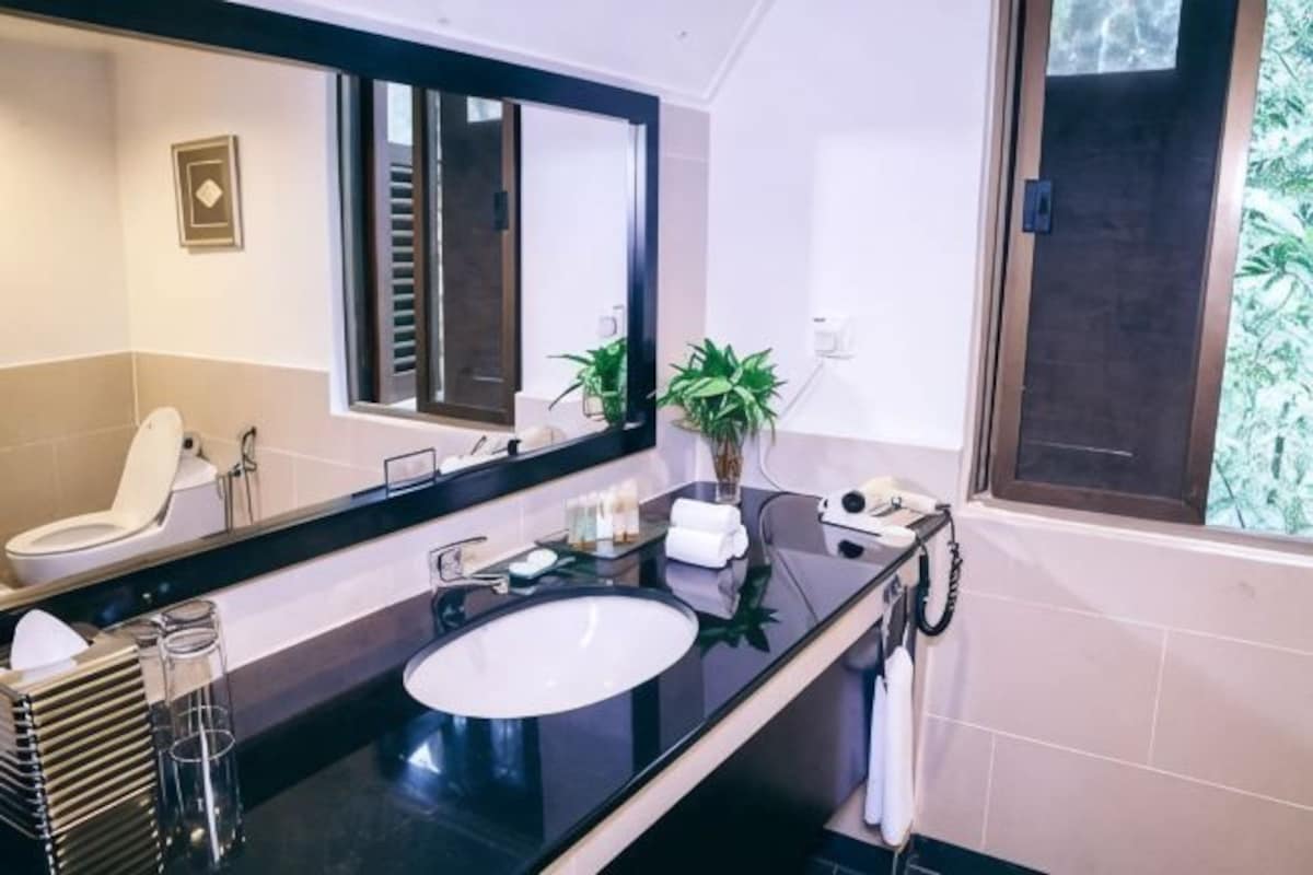 A bathroom with a black sink, a mirror, a toilet, and a window with a view of greenery.