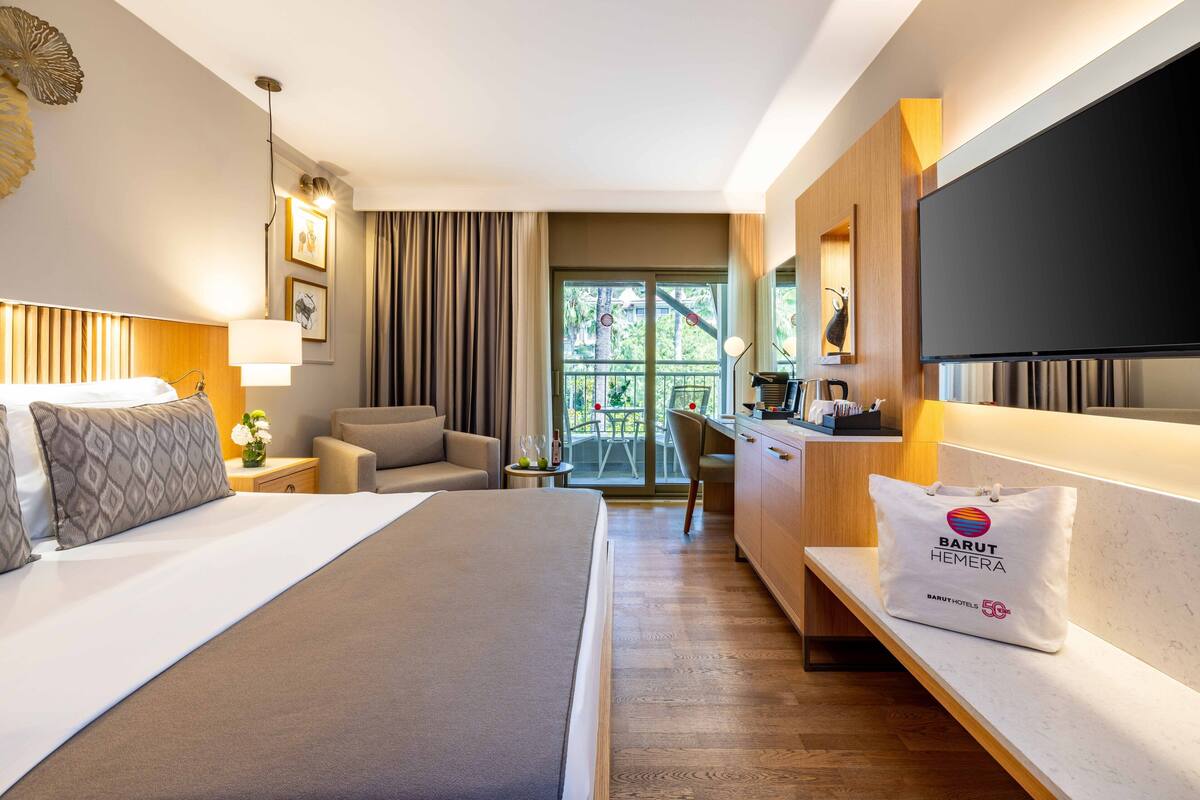 A hotel room with a large bed, a desk, a chair, and a TV.
