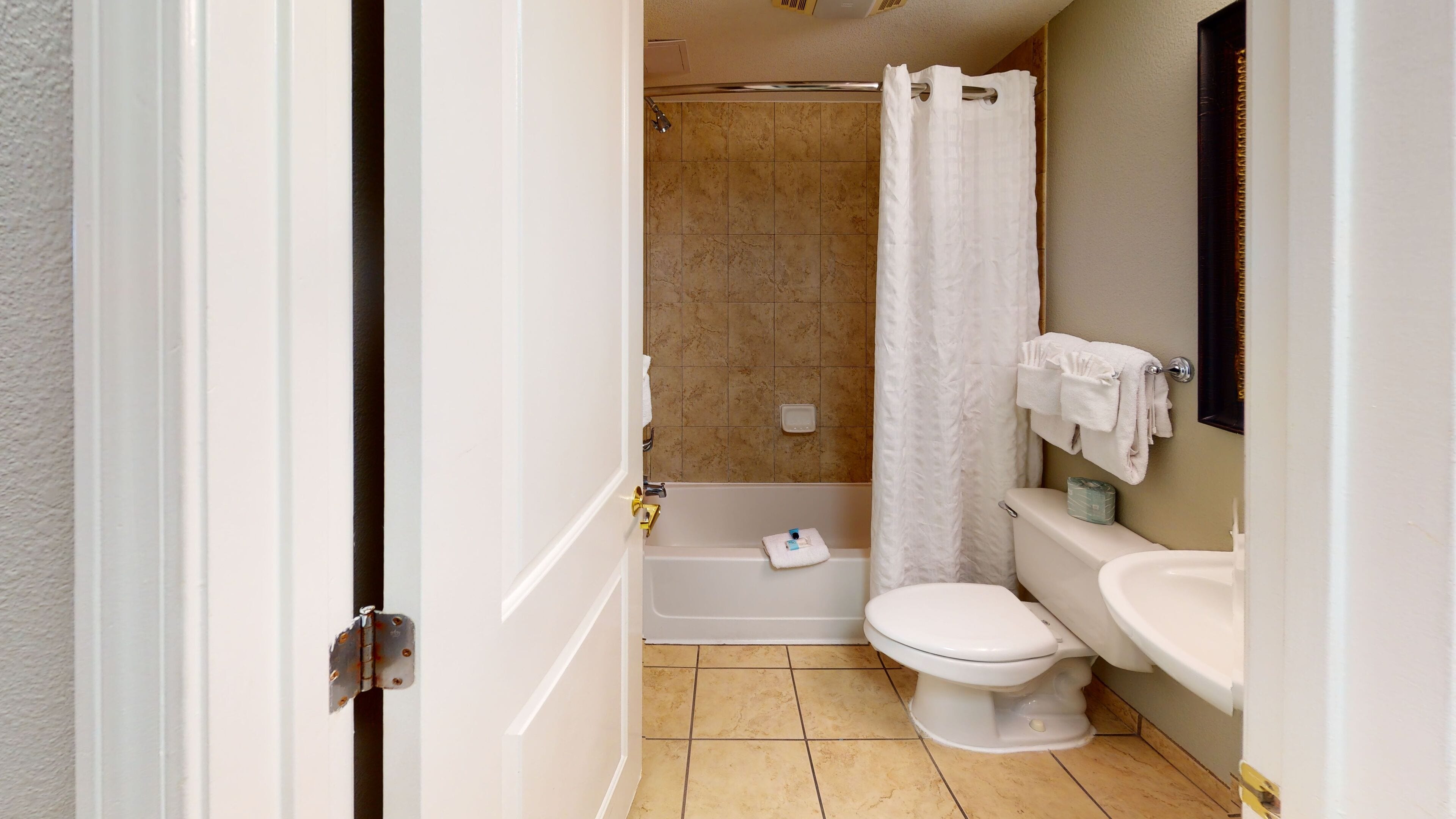 Combined shower/bathtub, free toiletries, hair dryer, towels