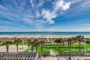 Une vue sur la plage, avec un ciel dégagé, des palmiers et un espace piscine équipé de chaises longues.