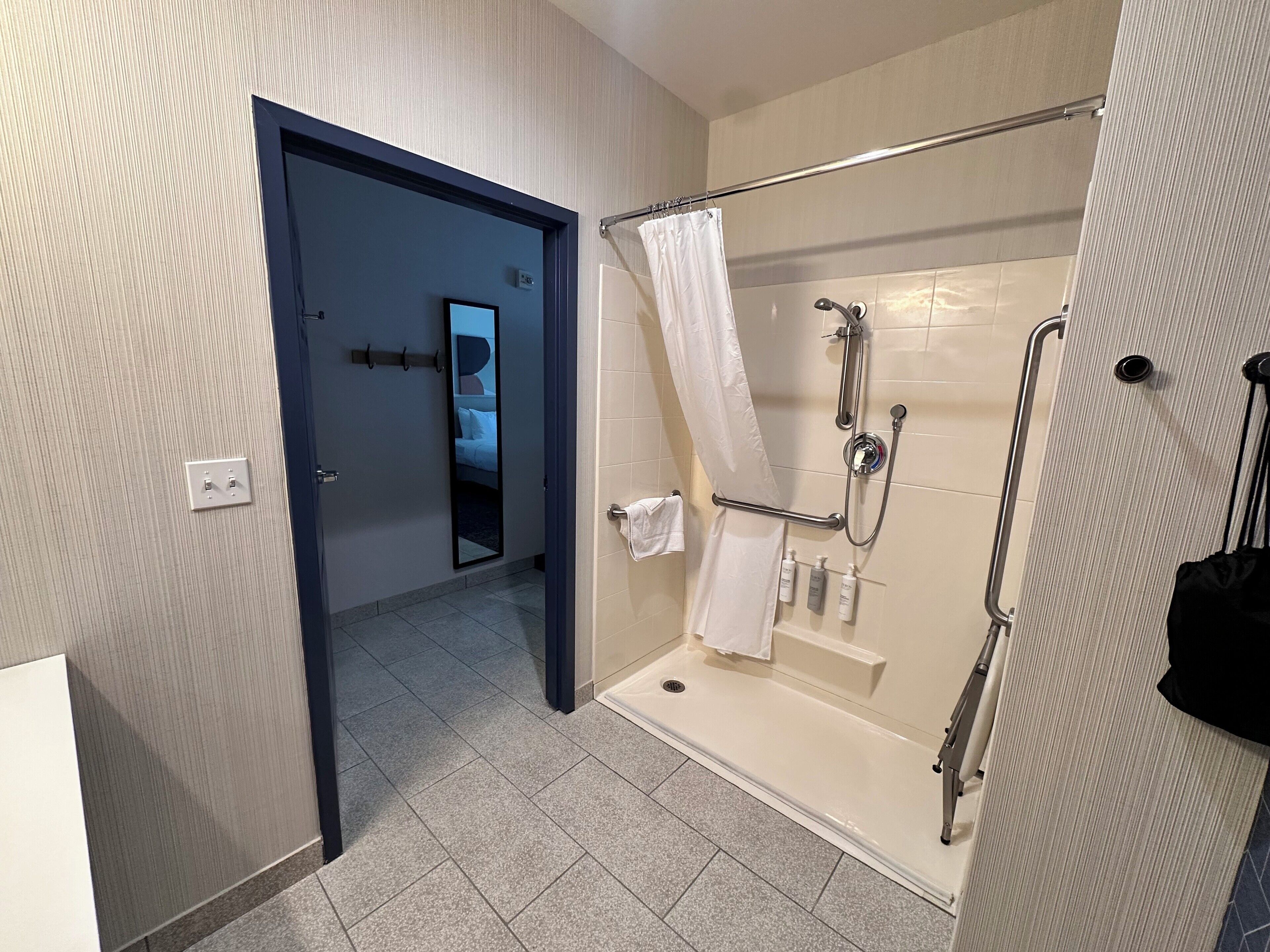 room, 1 king bed, accessible (mobility, roll-in shower) | bathroom | combined shower/bathtub, hair dryer, towels, soap