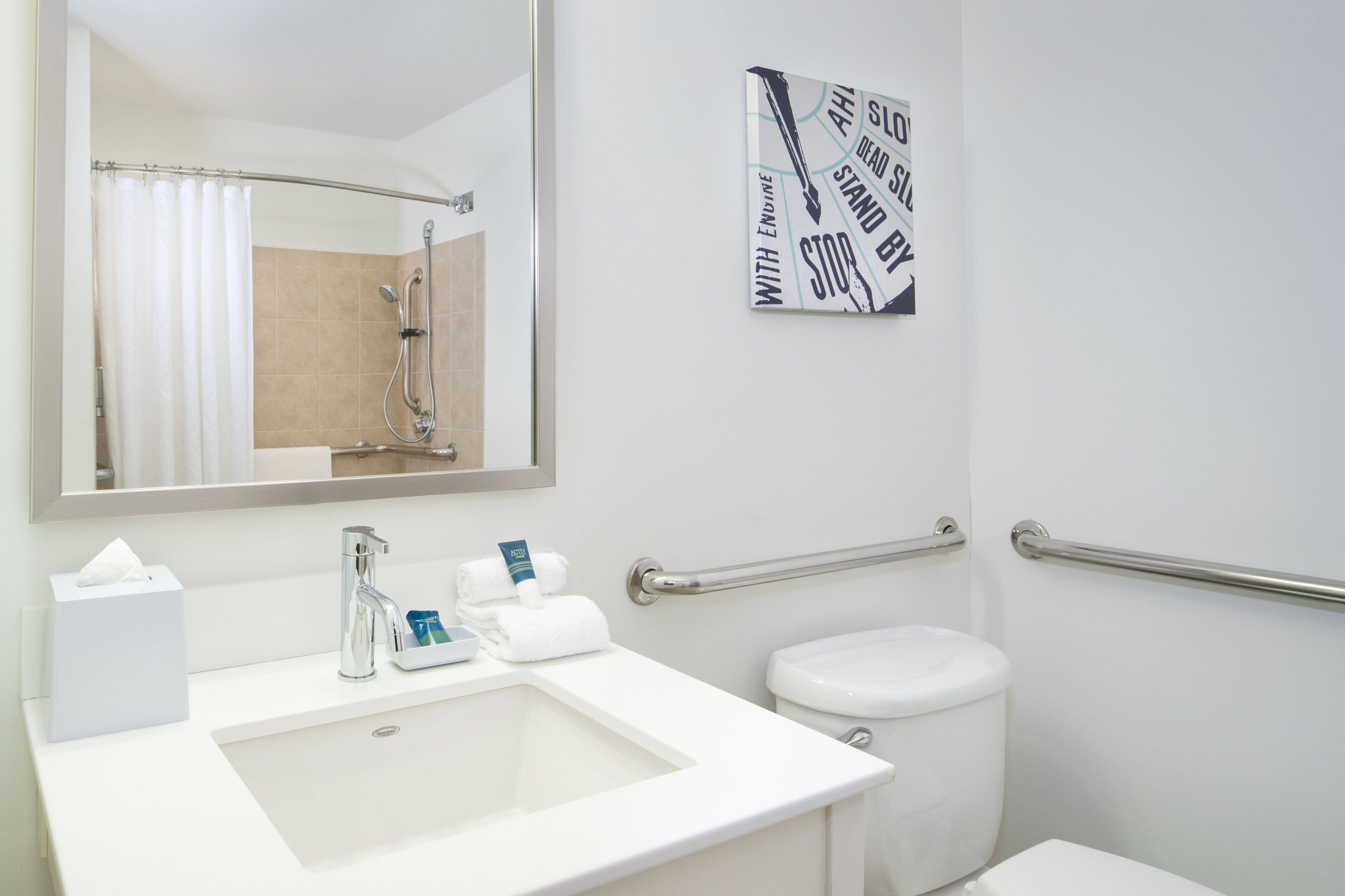 combined shower/bathtub, free toiletries, hair dryer, towels