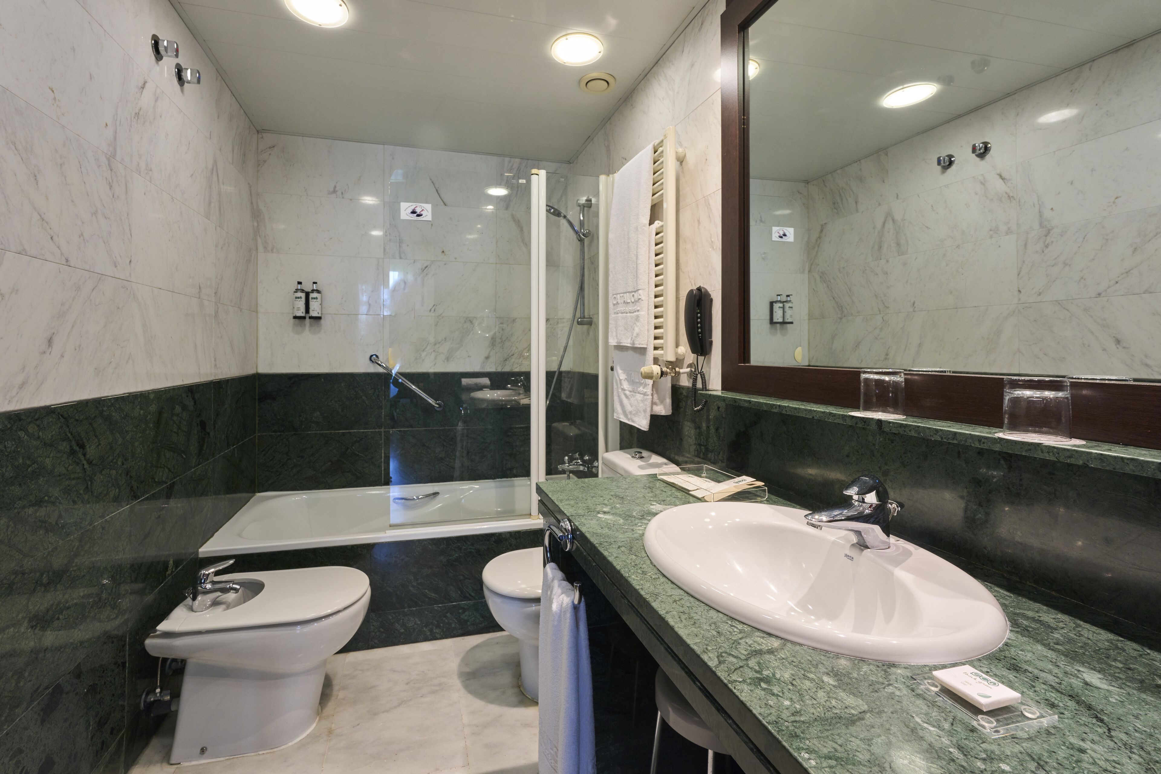 eco-friendly toiletries, hair dryer, towels