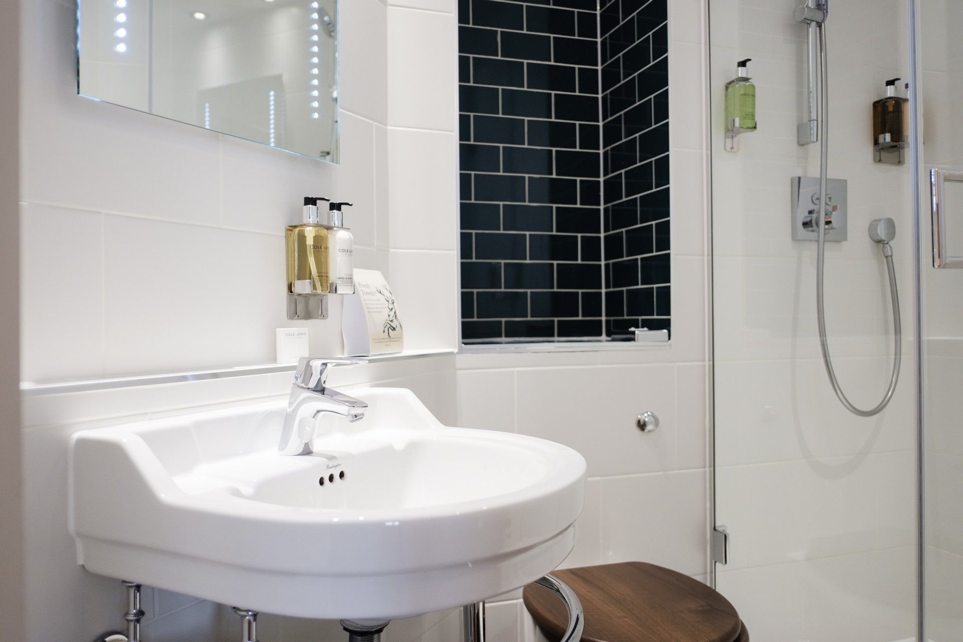 A bathroom with a white sink, a mirror, and a shower area.