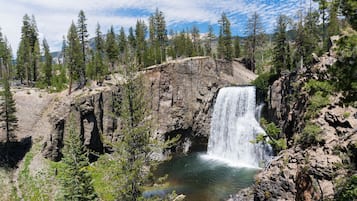 Un paisaje natural con cascada, terreno rocoso y árboles de coníferas.
