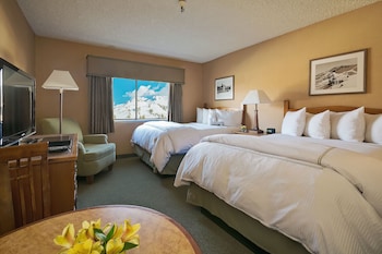 Desk, laptop workspace, blackout drapes, bed sheets at Mammoth Mountain Inn