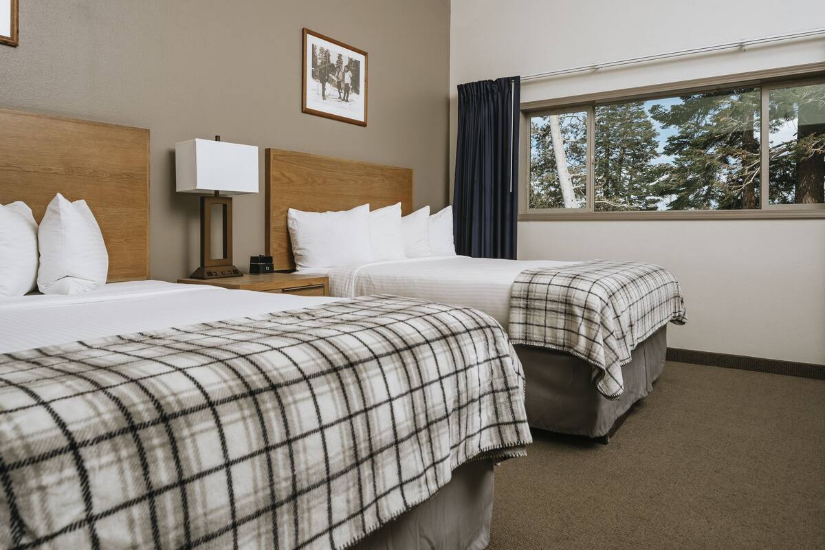 A hotel room with two beds, a nightstand with a lamp, a framed picture on the wall, and a window with a view of trees.