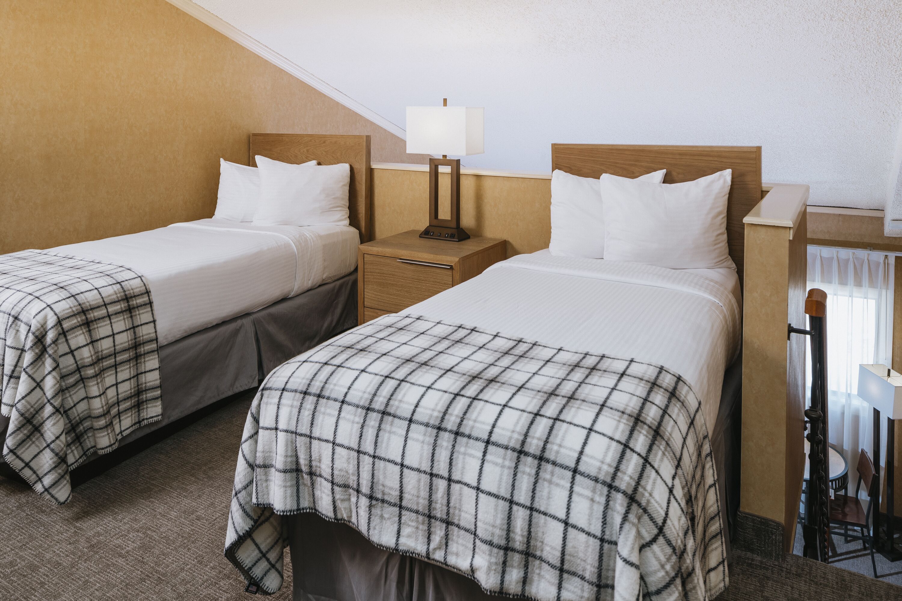 Two single beds with headboards, a bedside table with a lamp, and a window with curtains.
