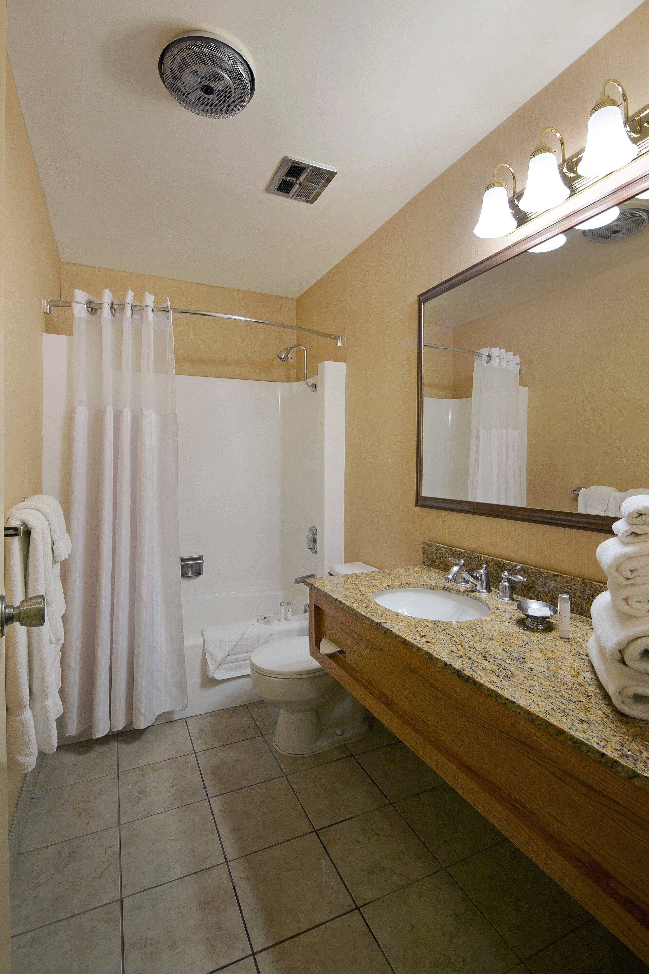 Une salle de bain équipée d’une douche, de toilettes, d’un lavabo et d’un miroir avec éclairage.