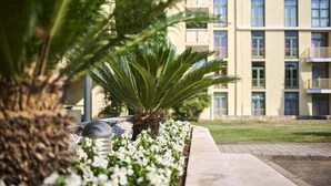 A building with multiple balconies and a well-maintained garden with white flowers and a palm tree. - Hotel Aurora Plava Laguna (Umag)