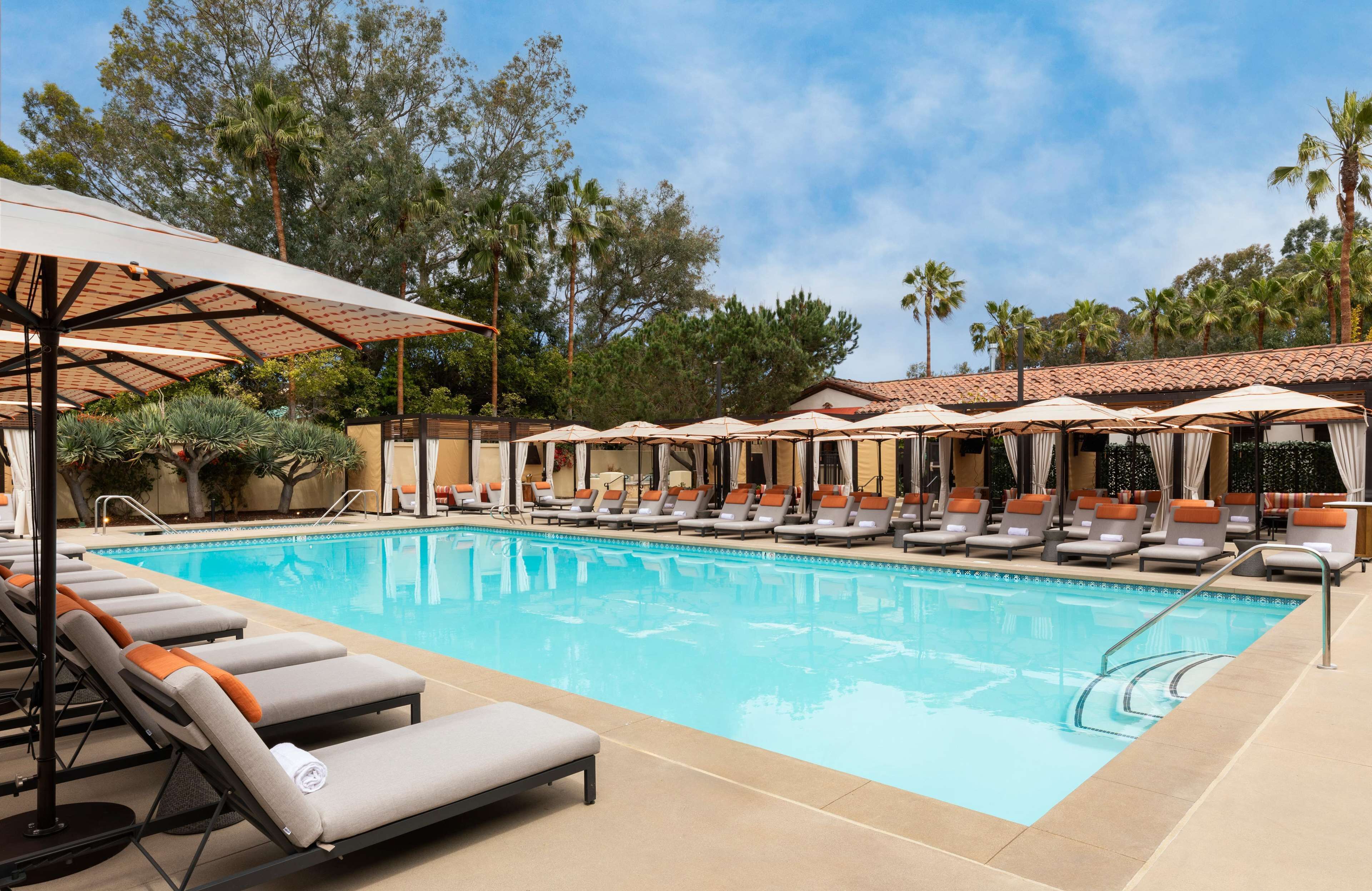 A pool area with lounge chairs and umbrellas, surrounded by palm trees.