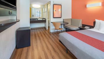 Desk, laptop workspace, blackout curtains, iron/ironing board