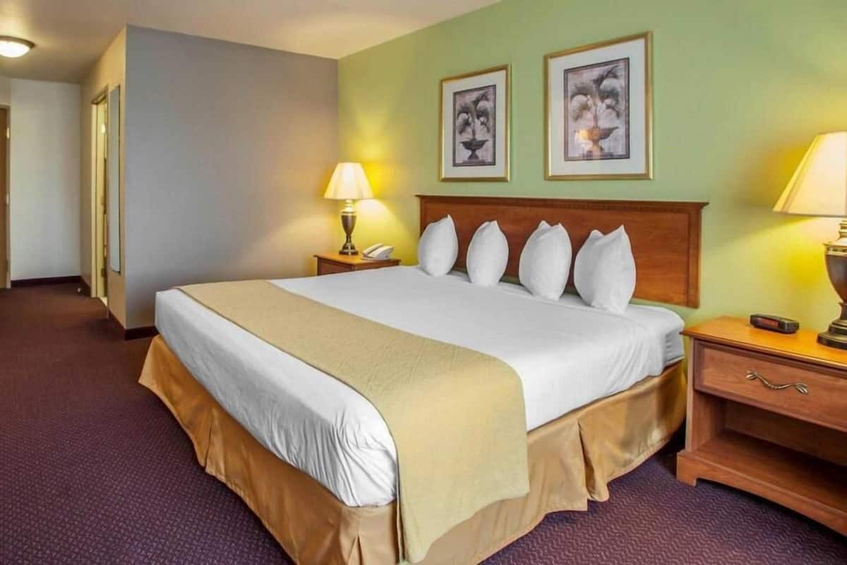 A hotel room with a large bed, two bedside lamps, a wooden nightstand, and two framed pictures on the wall.