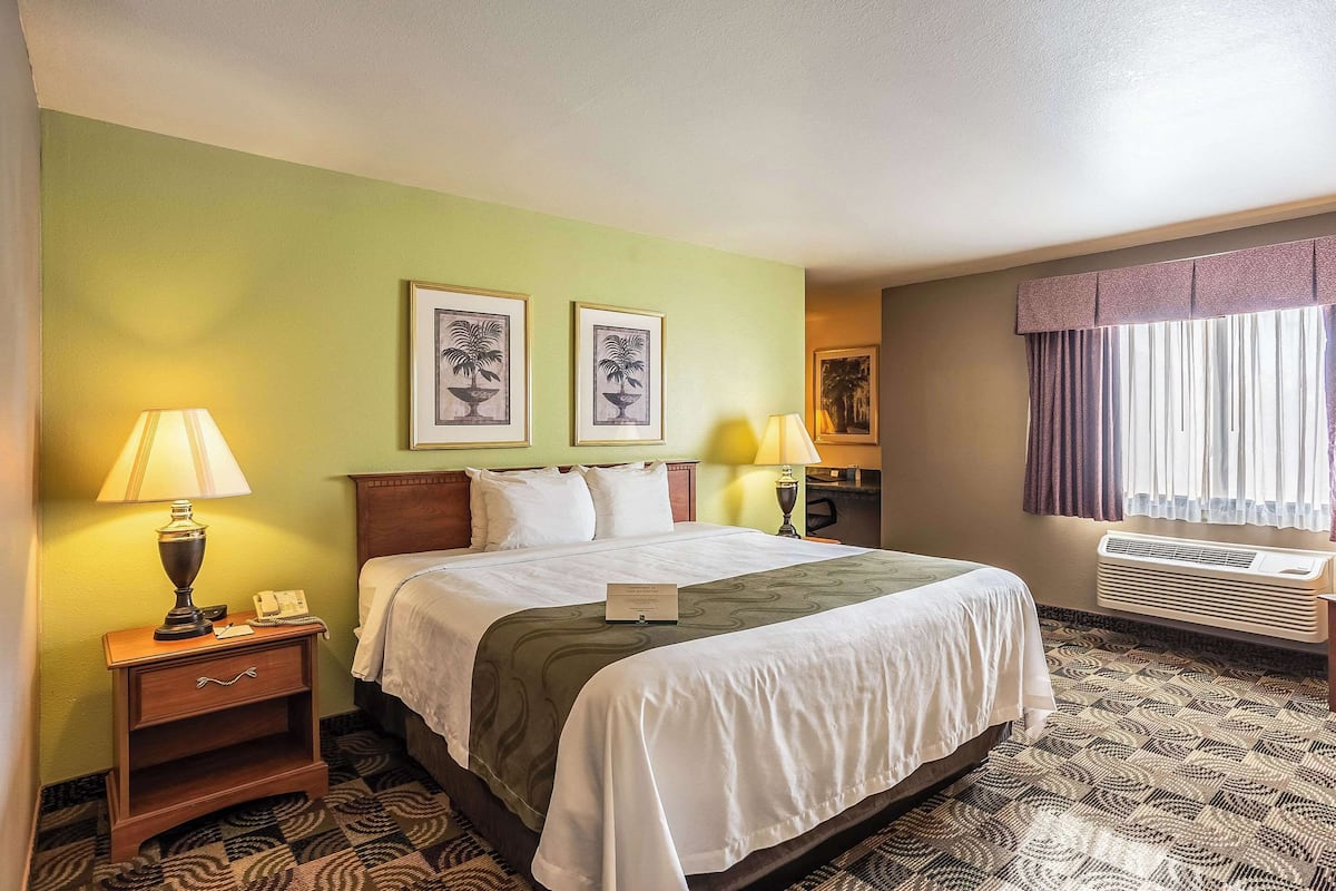 A hotel room with a bed, two bedside lamps, a nightstand, a framed picture on the wall, and a window with curtains.