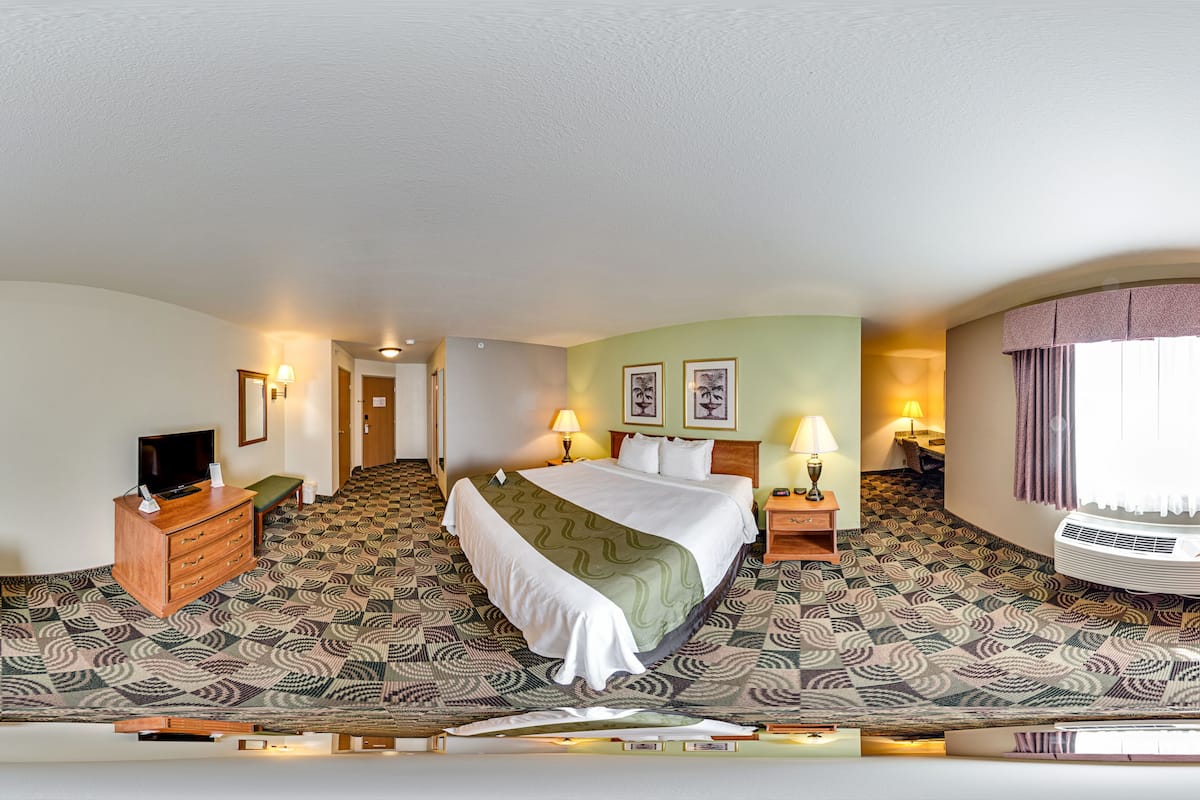 A hotel room with a bed, a chair, a TV, a dresser, and a lamp.