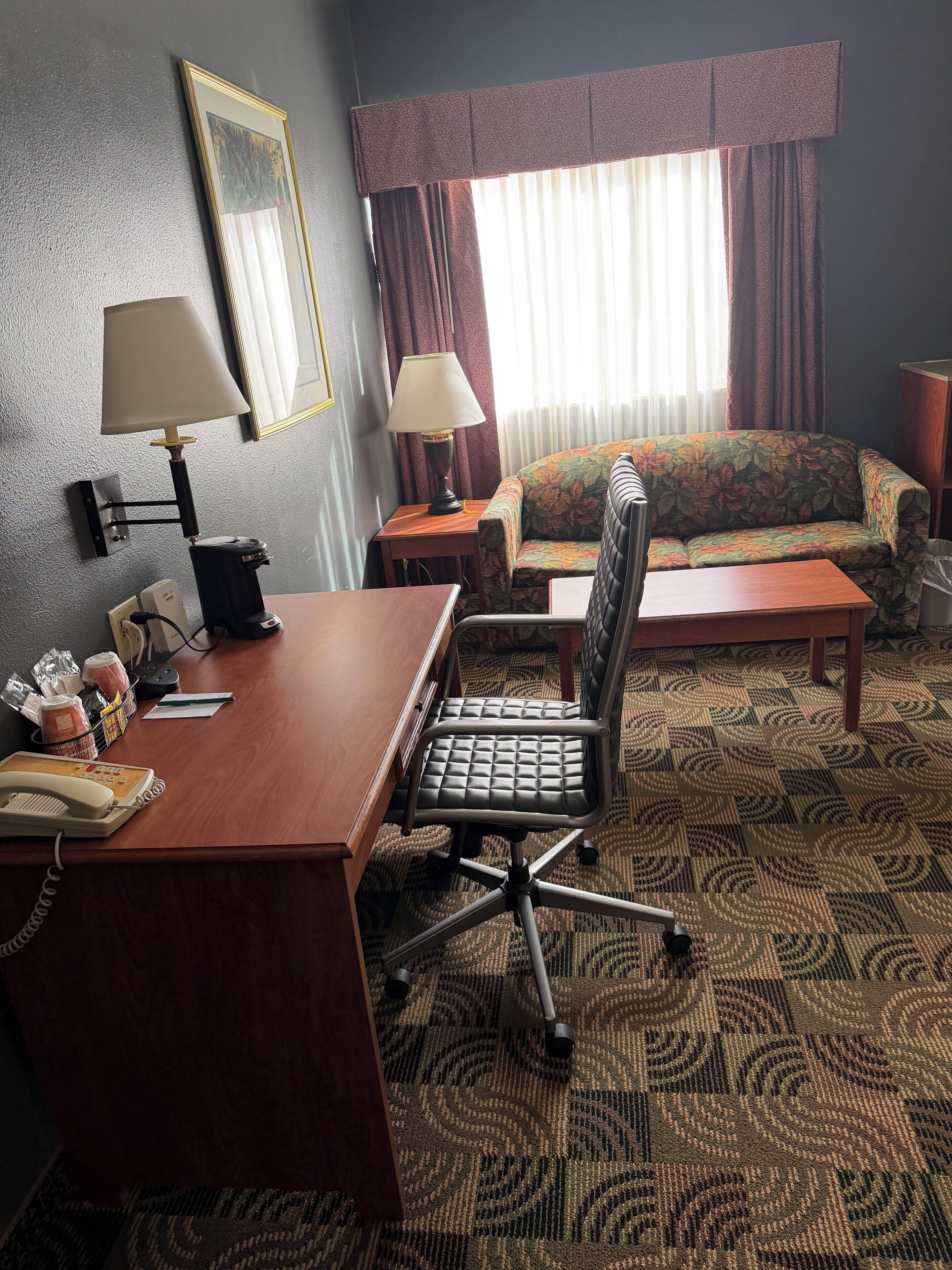 A hotel room with a desk, chair, sofa, and a patterned carpet.