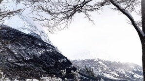Et snødekt landskab med en sø og bjerge i baggrunden.