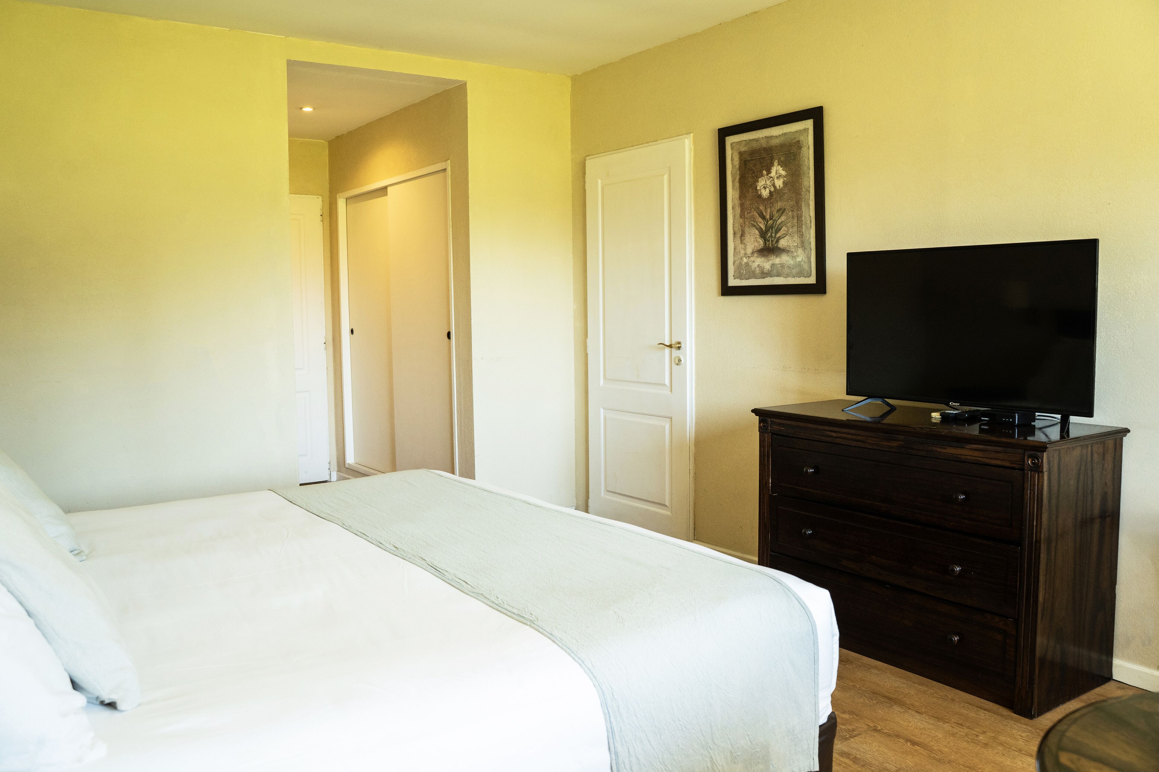 A bedroom with a bed, a dresser, a television, and a door leading to another room.
