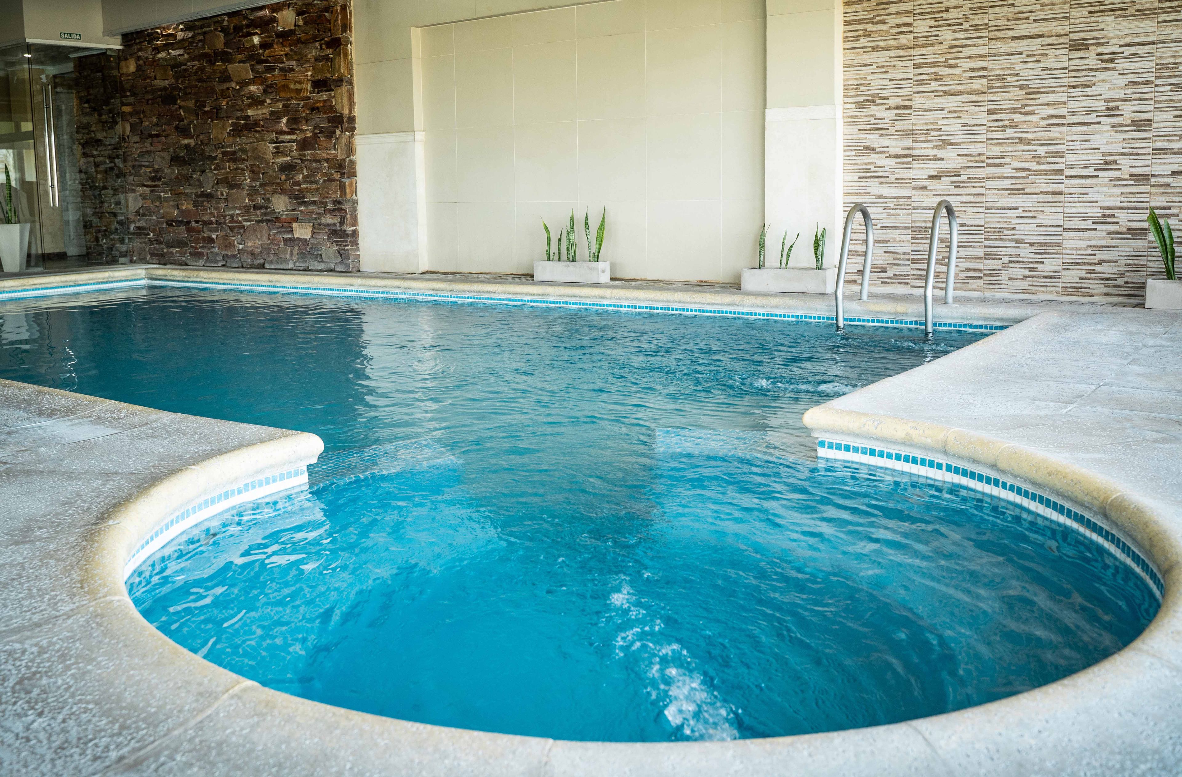 Una piscina con pared de piedra y suelo de baldosas, rodeada de plantas en macetas.