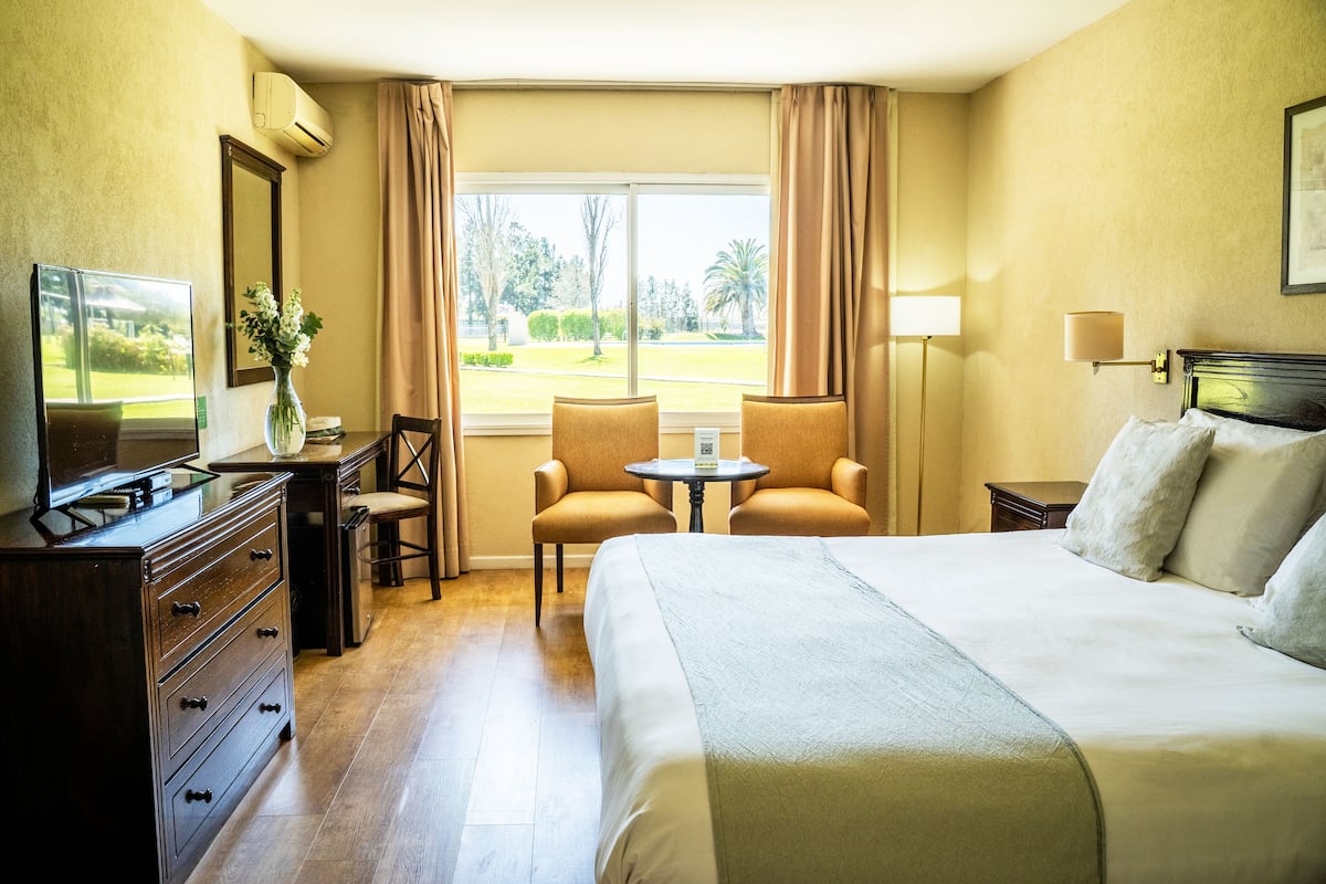 A hotel room with a bed, a desk with a TV, two chairs, a small table, and a window with curtains.