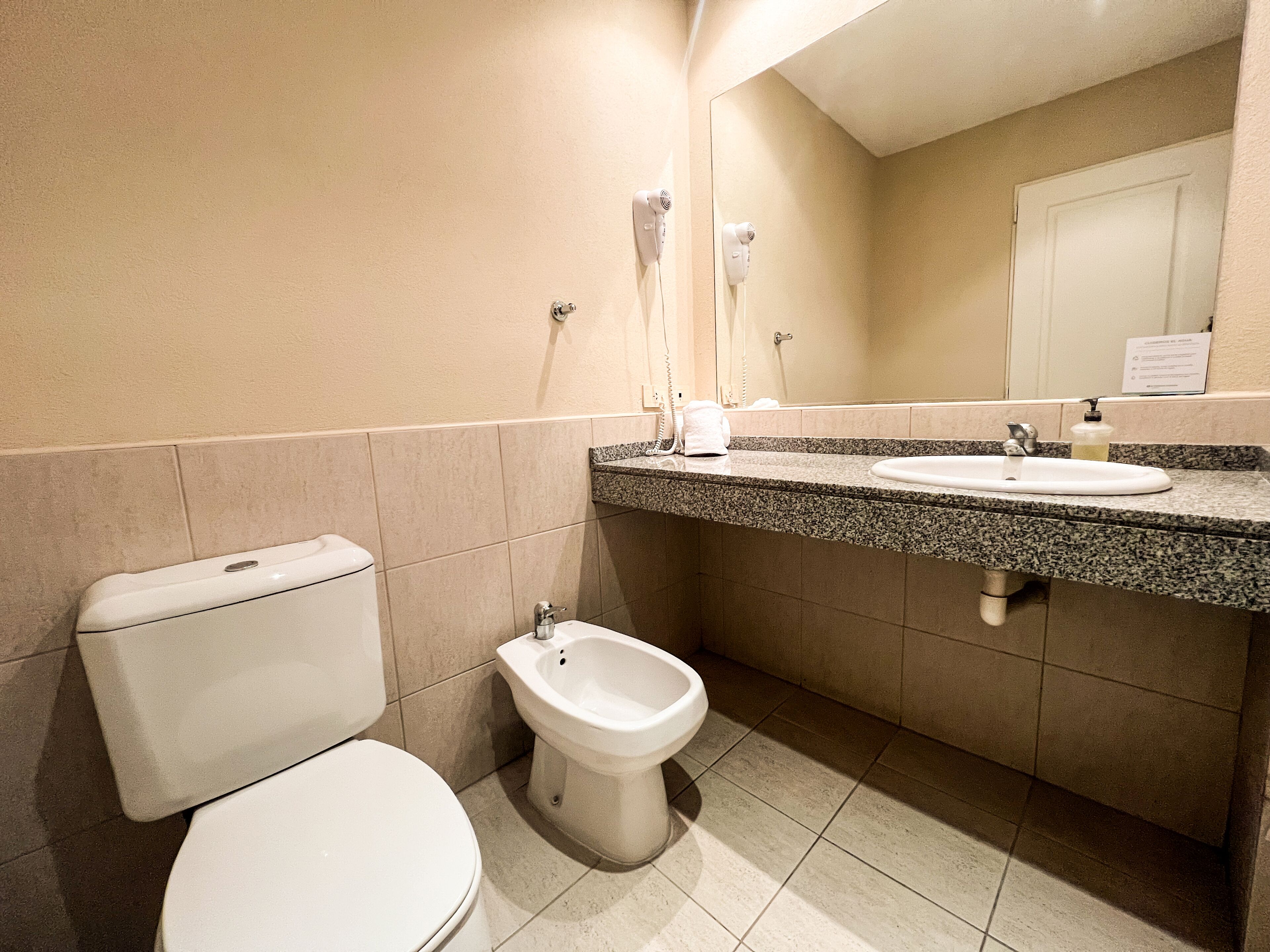 A bathroom with a toilet, bidet, sink, and a mirror.