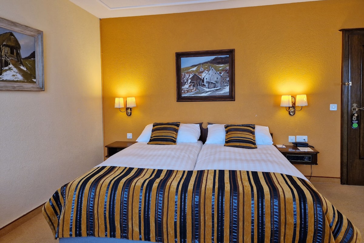 Una habitación de hotel con una cama grande, dos lámparas de noche, un cuadro en la pared y una mesita de noche con un teléfono y un enchufe.