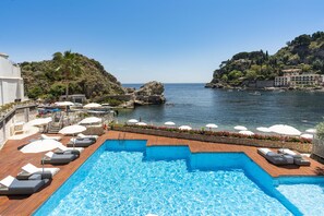 Outdoor pool, pool umbrellas, pool loungers
