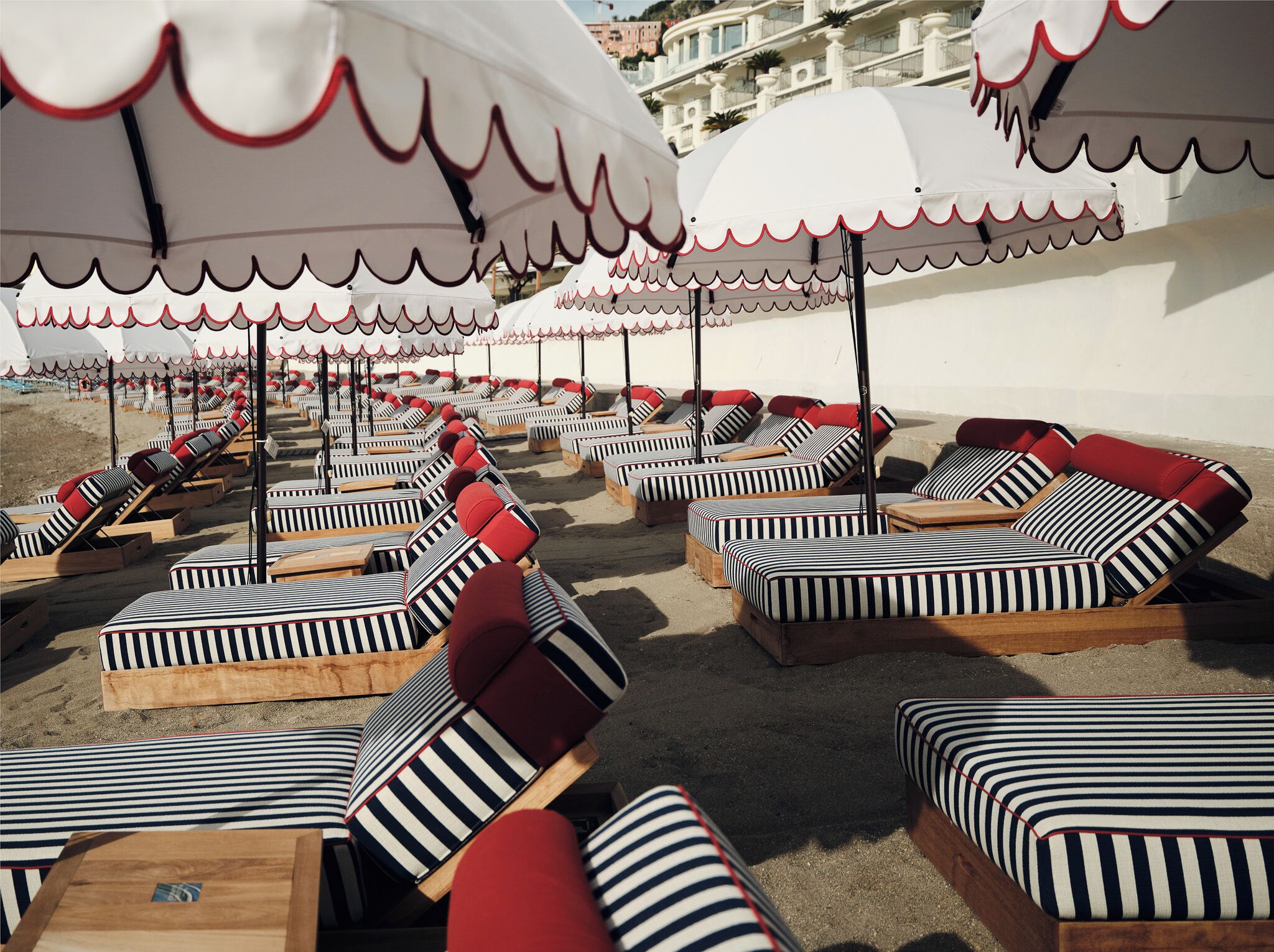 On the beach, sun loungers, beach umbrellas, beach towels