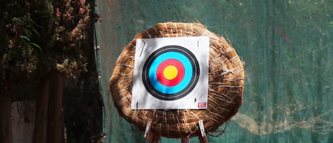Une cible avec des cercles concentriques, montée sur un support.